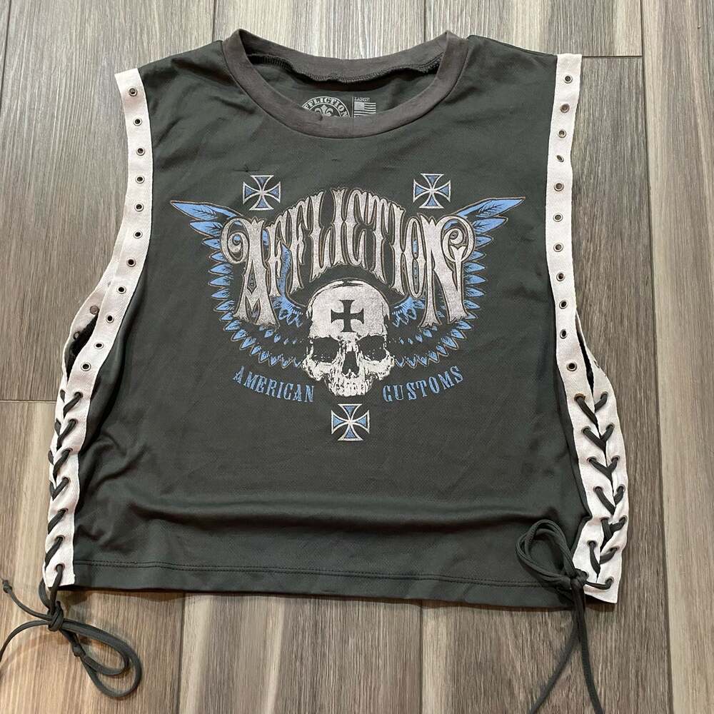 Affliction American Customs Skull Graphic Lace-Up Side Muscle Tank Top